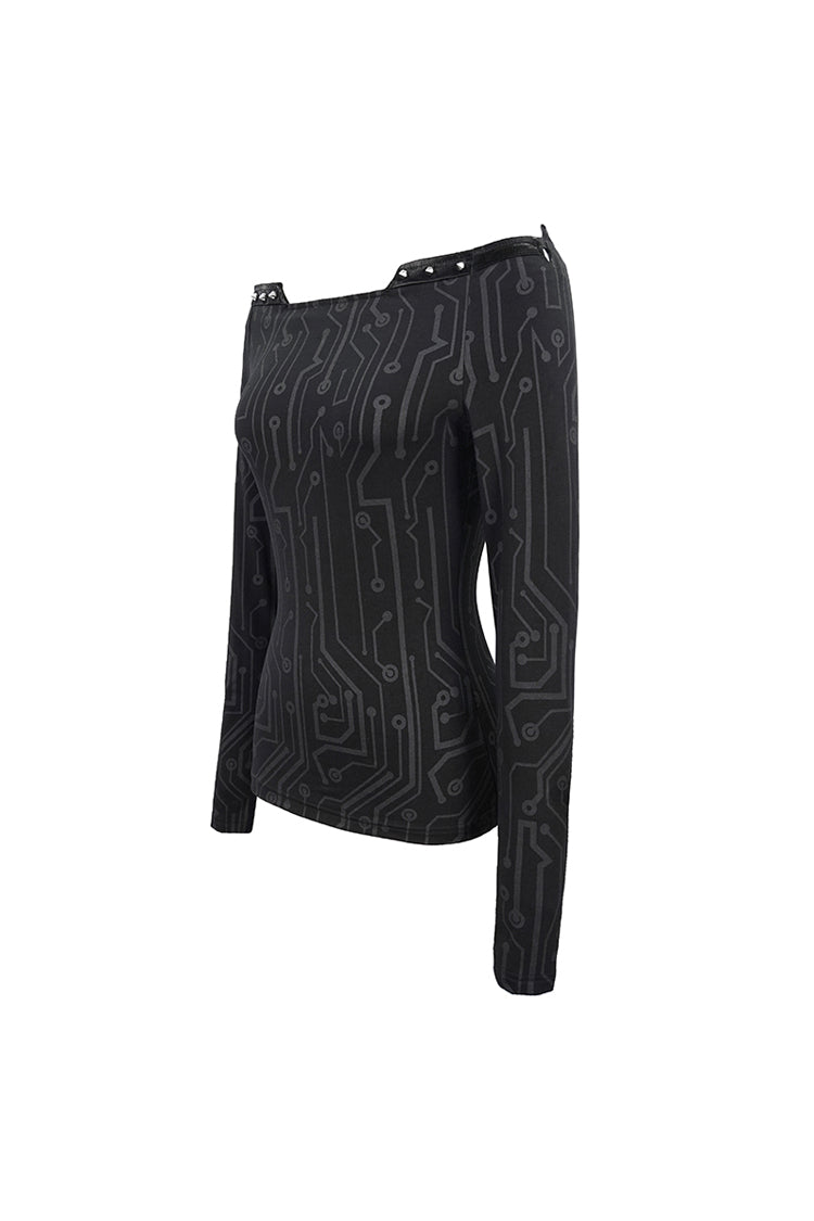 Black Printed Circuit Board Pattern Off-Shoulder Leather Strip Rivet Tight Women's Punk T-Shirt - Product - 7