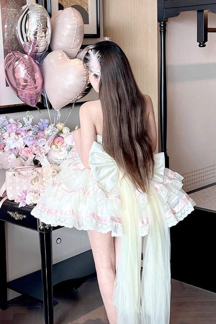 Beige [Ballet Dream] Halterneck Triple-Layered Ruffle Bowknot Lace-Up Sweet Princess Lolita Dress - Product - 12