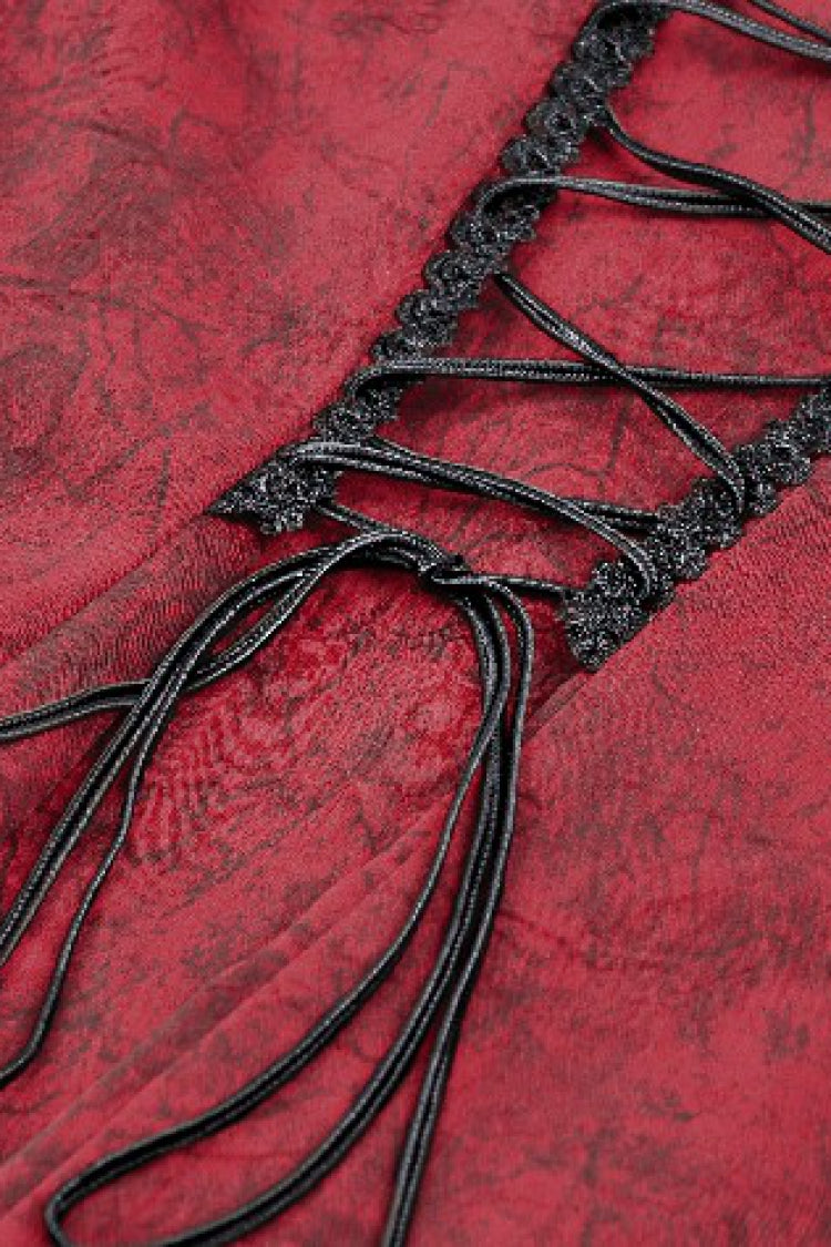Red Multi-Layered Frilly Lace Long Hime Sleeves Lace-Up Women's Gothic Blouse - Product - 16