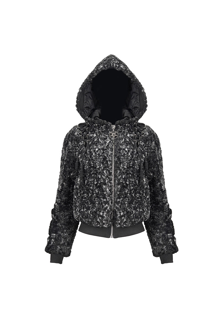 Black/White Two Tone Woolen Grain Fleece Metal Five Pointed Star Zipper Women's Punk Coat - Product - 7