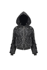 Black/White Two Tone Woolen Grain Fleece Metal Five Pointed Star Zipper Women's Punk Coat - Product - 7