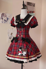 Red [Dalmatian] Short Sleeves Print Ruffle Bowknot Slim Sweet Lolita Dress - Red - 1