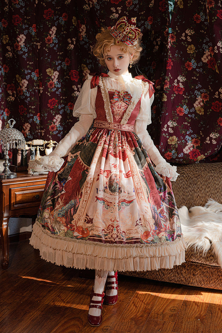 Red [Kaleidoscope of Dreams] Sleeveless Double-Layered Print Embroidery Bowknot Classic Vintage Gorgeous Lolita Jsk Dress - Red - 1