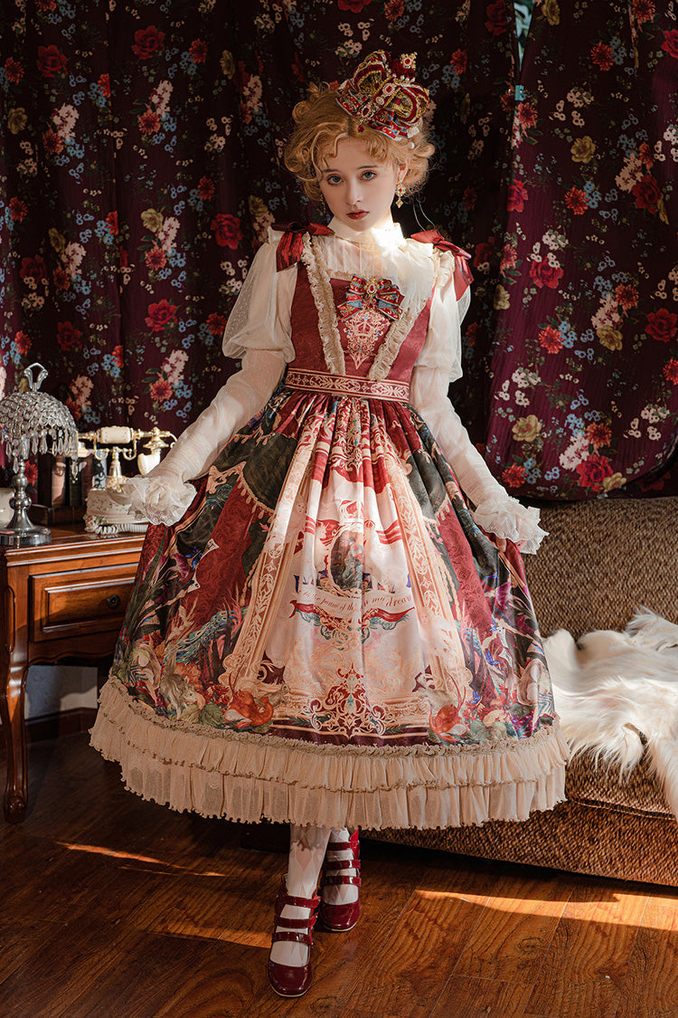 Red [Kaleidoscope of Dreams] Sleeveless Double-Layered Print Embroidery Bowknot Classic Vintage Gorgeous Lolita Jsk Dress - Red - 1
