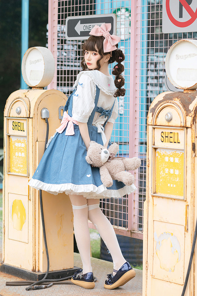 Blue [Cowboys Are Busy] Ruffle Bowknot Sweet Lolita Strap Dress - Product - 9