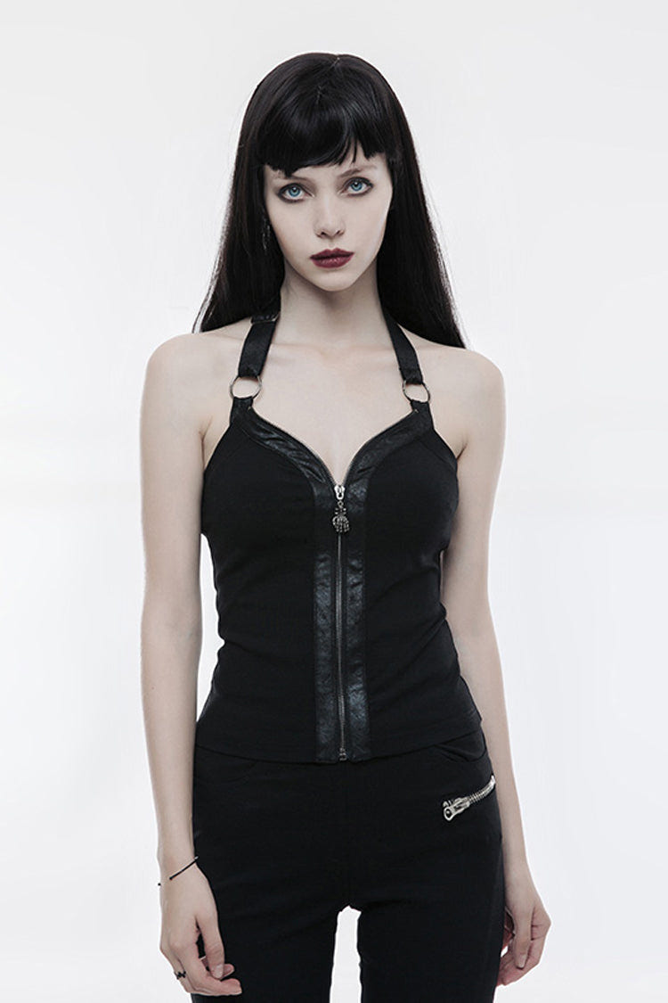 Black Halterneck Sleeveless Embroidery Zipper Backless Women's Punk Vest - Black - 1