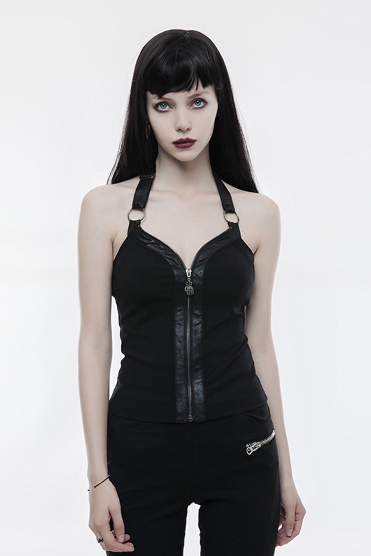 Black Halterneck Sleeveless Embroidery Zipper Backless Women's Punk Vest - Black - 1