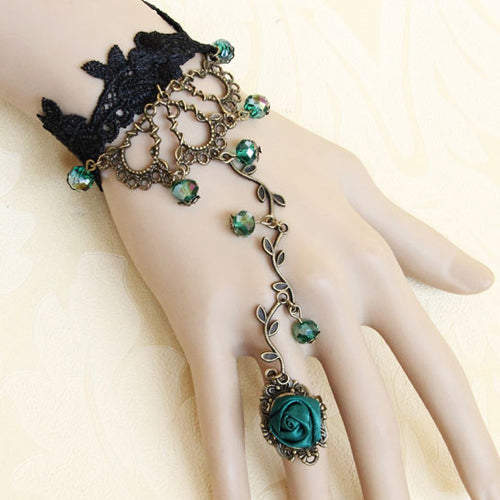 Retro Fashion Personality Black Lace Green Artificial Crystal Rose Flower Female Lolita Ring Bracelet - Green - 1