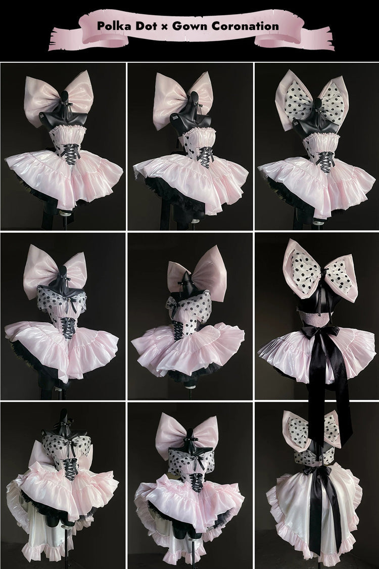 Pink [Polka Dot × Gown Coronation] Sleeveless Printed Ruffled Bow Lace-Up Princess Gorgeous Sweet Lolita Dress - Product - 4