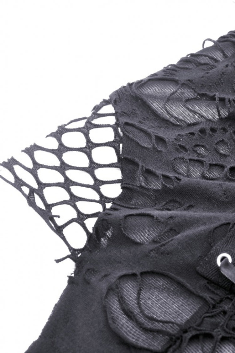 Black High Collar Sleeveless Irregular Asymmetric Lace-Up Eyelet Women's Punk Ripped Tank Top - Product - 12