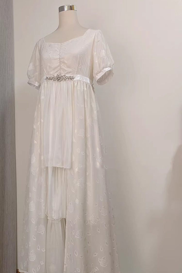 White Square Collar Short Sleeves Subtle Rose Printed Embroidered Bow Sweet Elegant Lolita Dress - Product - 4