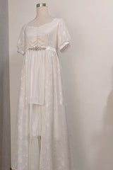 White Square Collar Short Sleeves Subtle Rose Printed Embroidered Bow Sweet Elegant Lolita Dress - Product - 4
