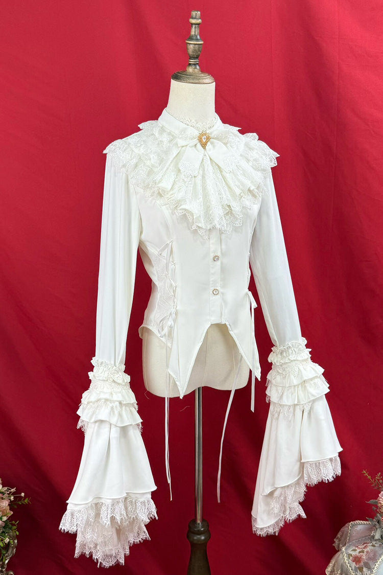 [Broken-Wing Bat] Stand Collar Long Trumpet Sleeves Ruffled Bow Lace-Up Gothic Elegant Lolita Blouse 2 Colors - Product - 6