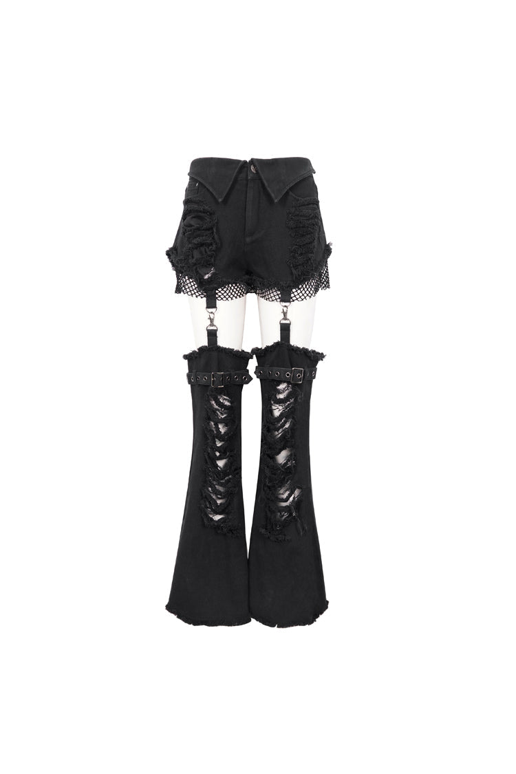 Black Segmented Splicing Old Fashioned Holes Flared Women's Punk Trouser - Product - 7