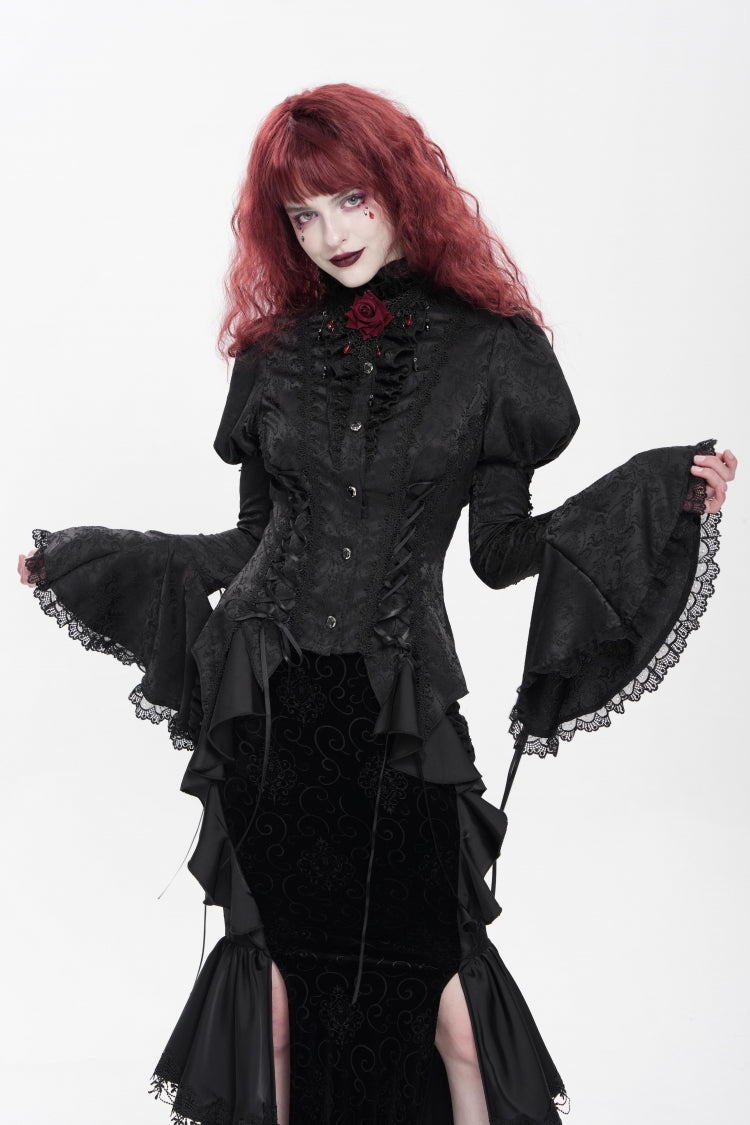 Black Stand Collar Long Puff Sleeves Floral Jacquard Lace-Up Women's Gothic Blouse - Product - 4