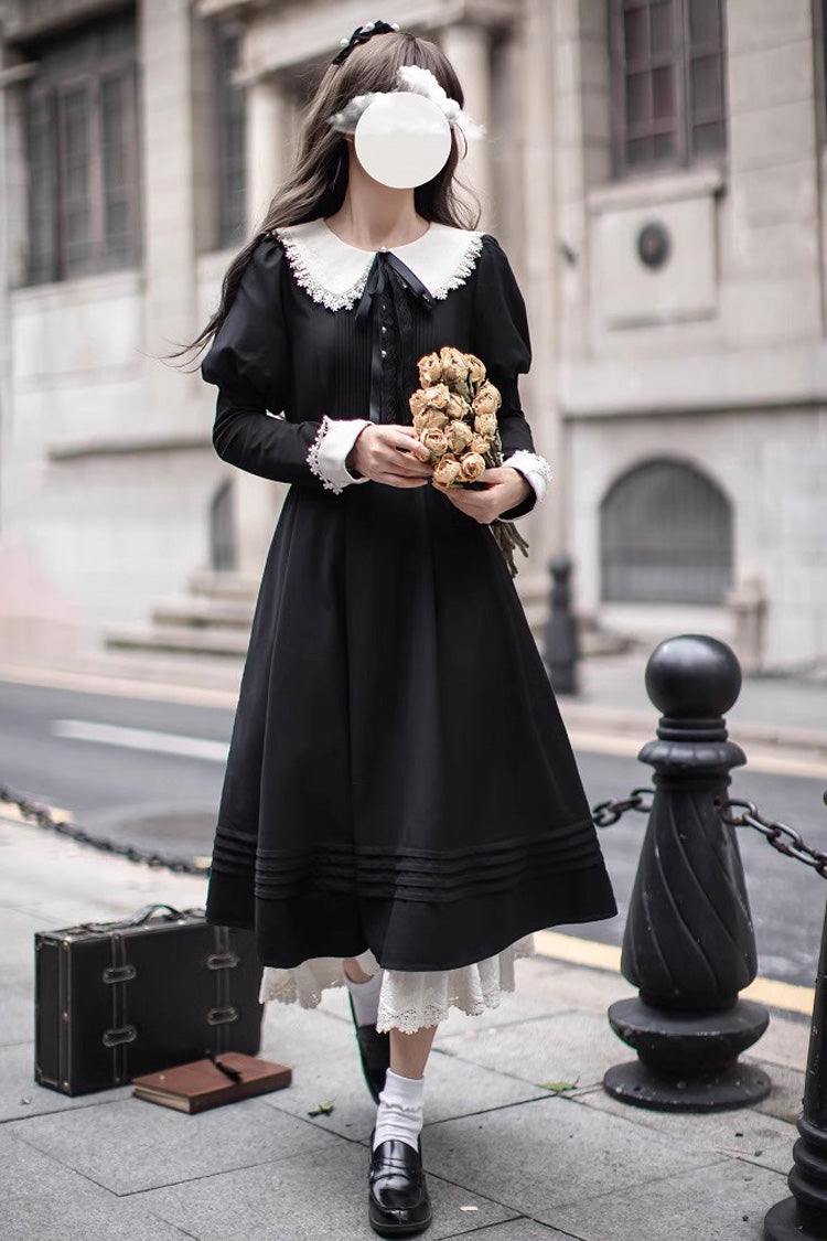 Black [Angelina] Doll Collar Long Sleeves Ruffle Bowknot Classic Vintage Elegant Lolita Dress - Product - 7