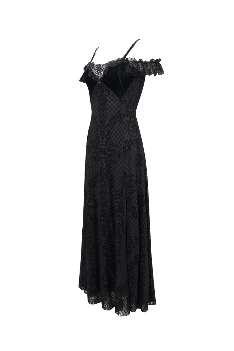 Black Velvet Lace Off Shoulder Ruffled Double Layer Slit Women's Gothic Dresses - Product - 9