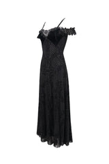 Black Velvet Lace Off Shoulder Ruffled Double Layer Slit Women's Gothic Dresses - Product - 9