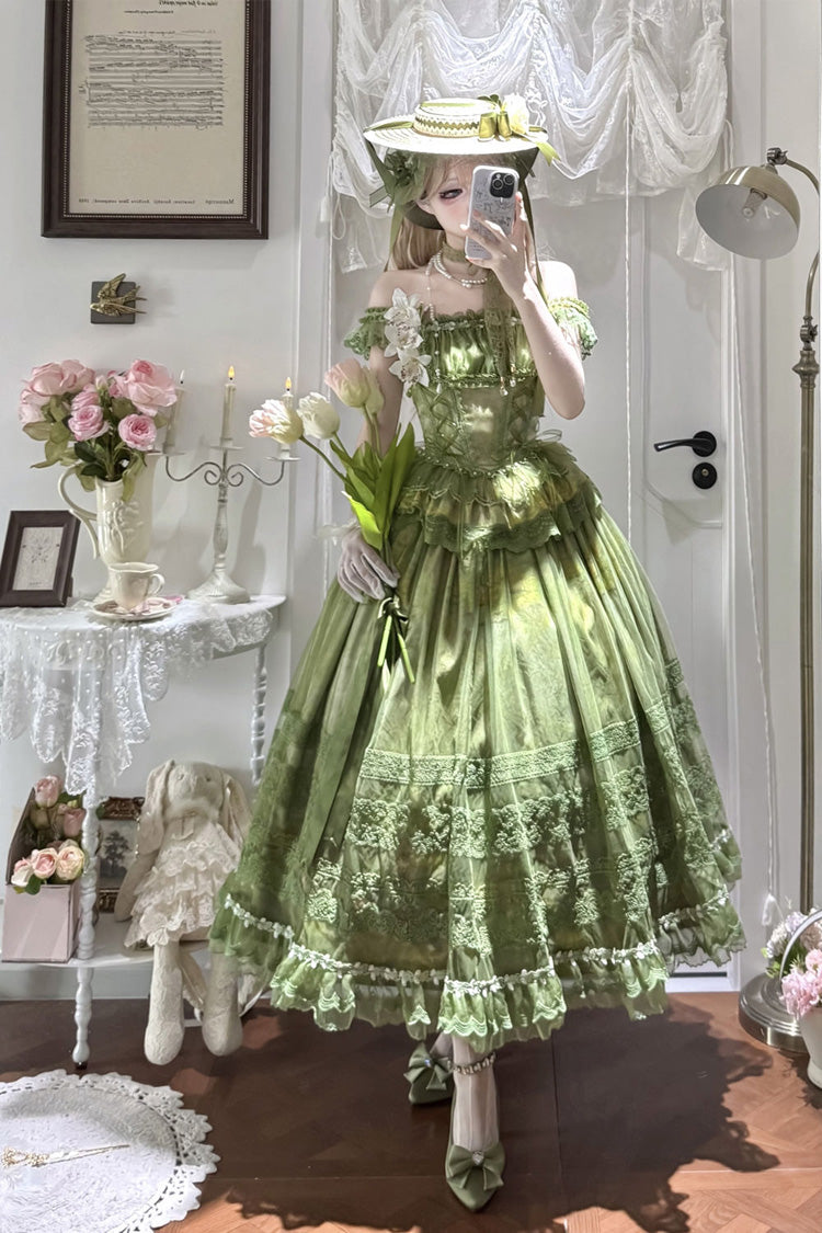 Green [Mist-shrouded Vineyard] Sleeveless Ruffle Bowknot Lace-Up Sweet Lolita Jsk Skirt Dress Set - Product - 2