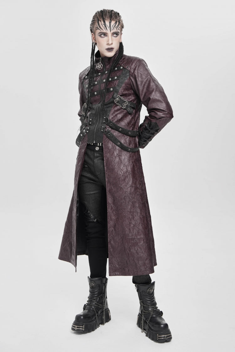 Red Stand Collar Zipper Straps Eyelet Men's Punk Coat - Product - 5