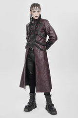 Red Stand Collar Zipper Straps Eyelet Men's Punk Coat - Product - 5
