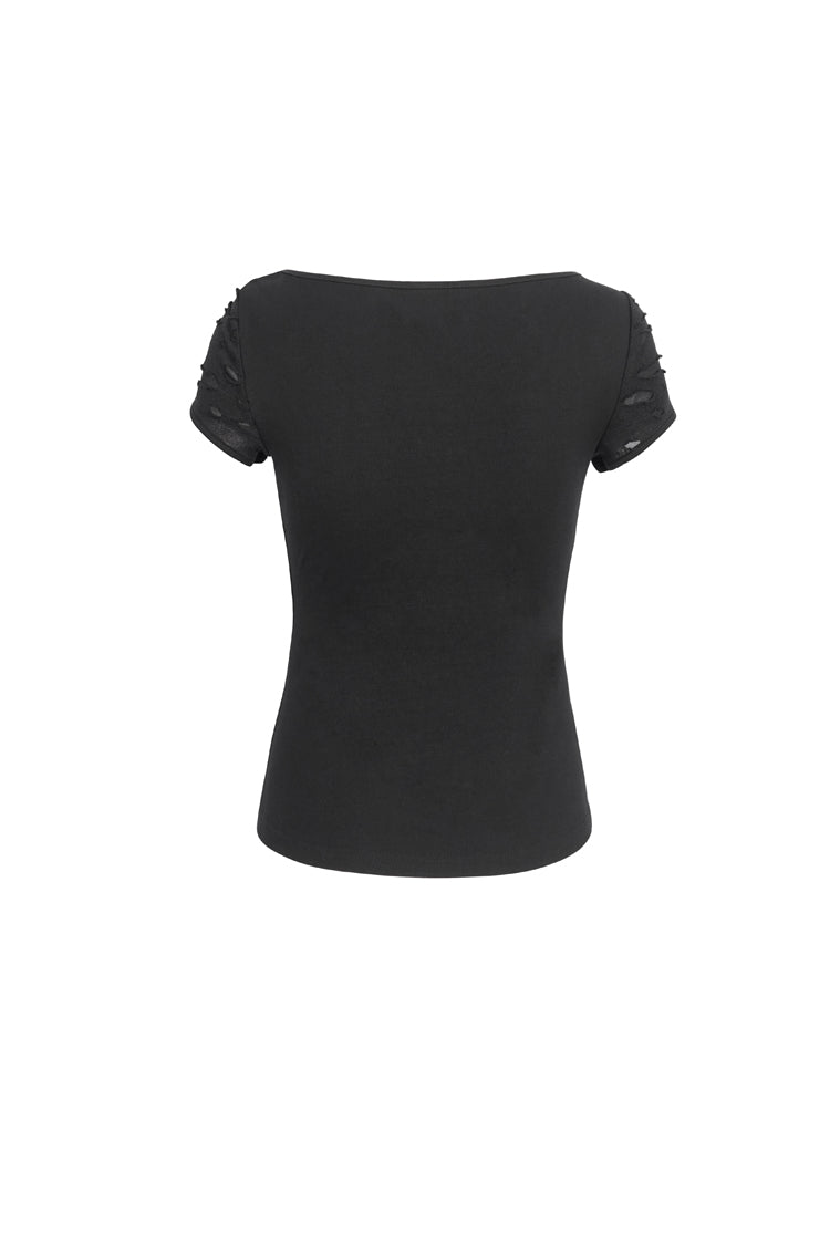 Black Short Sleeves Hollow Ripped Women's Steampunk T-Shirt - Product - 9