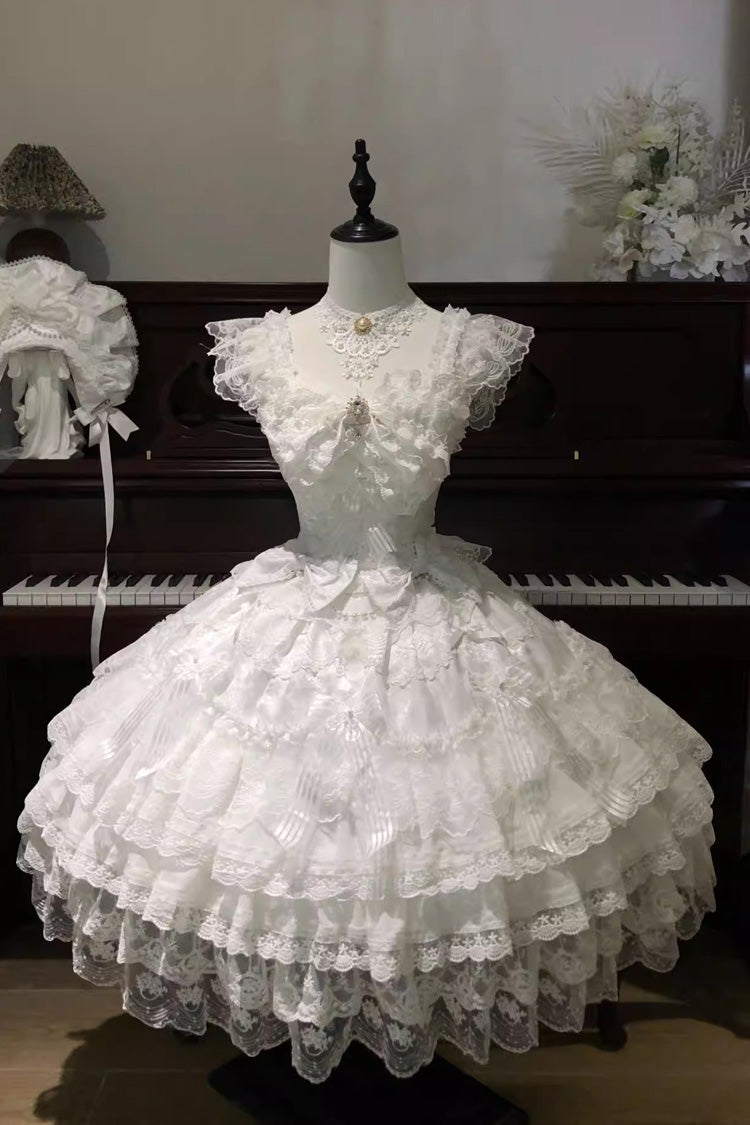 White [Moonlit Sakura Ode] Sleeveless Multi-Layered Ruffled Bow Lace Sweet Lolita Dress - Product - 3