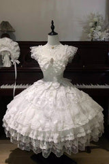 White [Moonlit Sakura Ode] Sleeveless Multi-Layered Ruffled Bow Lace Sweet Lolita Dress - Product - 3