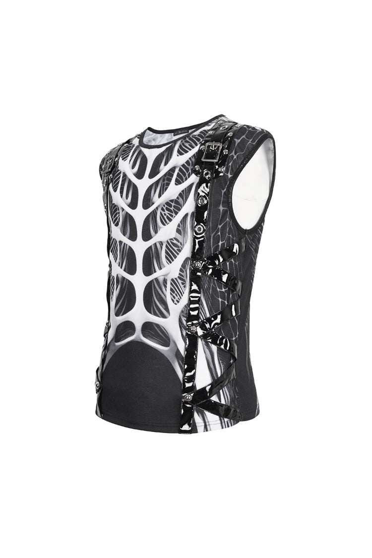 Black/White Round Collar Print Hollow Men's Punk Vest - Product - 6