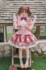 Pink/Red [Strawberry Doll Fantasy] Stand Collar Short Sleeves Jacquard Printed Bow Sweet Lolita Dress Set - Product - 3
