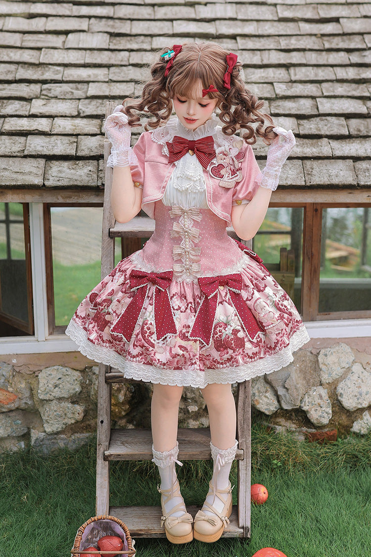 Pink/Red [Strawberry Doll Fantasy] Stand Collar Short Sleeves Jacquard Printed Bow Sweet Lolita Dress Set - Product - 3