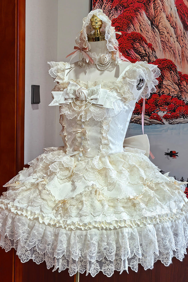 Apricot [Rose Feather Romance] Square Collar Ruffled Bow Lace Ballet Sweet Lolita Jsk Dress - Apricot - 1