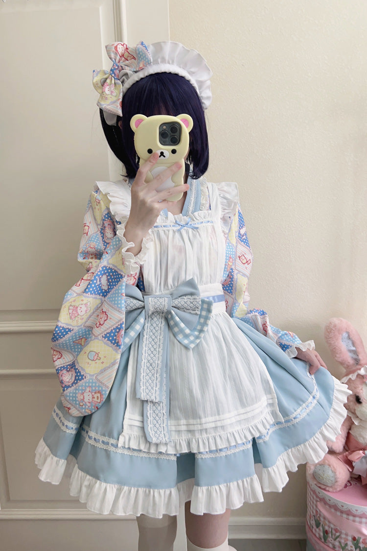 [Showa Sweet Pet] Ruffle Bowknot Sweet Japanese Maid Lolita Dress 6 Colors - Blue - 3