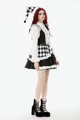 Black/White Harlequin Sharp Point Collar Long Puff Sleeves Women's Lolita Gothic Dress - Product - 2