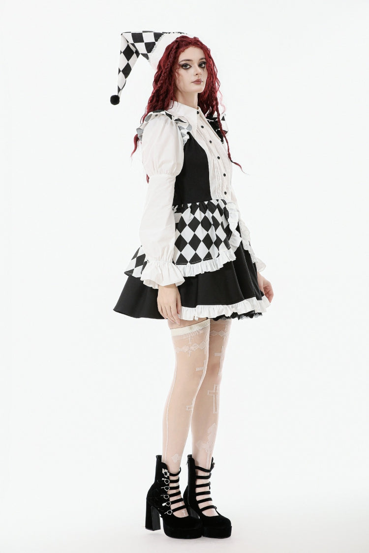 Black/White Harlequin Sharp Point Collar Long Puff Sleeves Women's Lolita Gothic Dress - Product - 2
