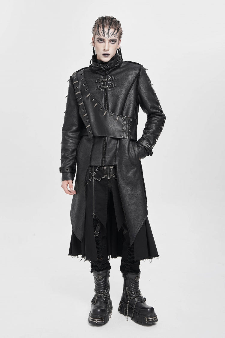 Black Stand Collar Rivet Buckle Zipper Men's Punk Coat - Product - 8