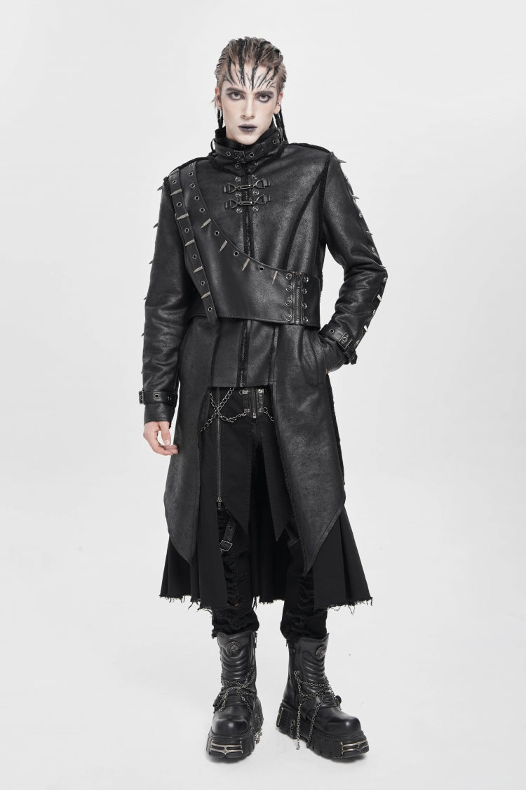 Black Stand Collar Rivet Buckle Zipper Men's Punk Coat - Product - 8
