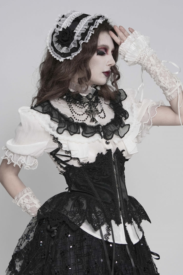 Black/White Stand Collar Short Sleeves Embroidered Lace Lace-Up Slim Pleated Women's Gothic Palace Blouse - Product - 11