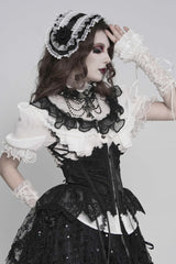 Black/White Stand Collar Short Sleeves Embroidered Lace Lace-Up Slim Pleated Women's Gothic Palace Blouse - Product - 11