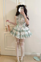 Peach Moon Bamboo Halterneck Multi-layer Print Ruffle Sweet Chinese Style Lolita Dress 2 Colors - Product - 6