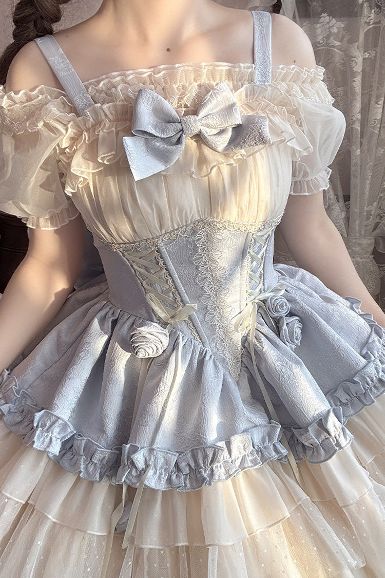 Blue/Ivory Dance of Time Triple-Layered Ballet Style Bowknot Lace-Up Sweet Lolita Jsk Dress - Product - 2