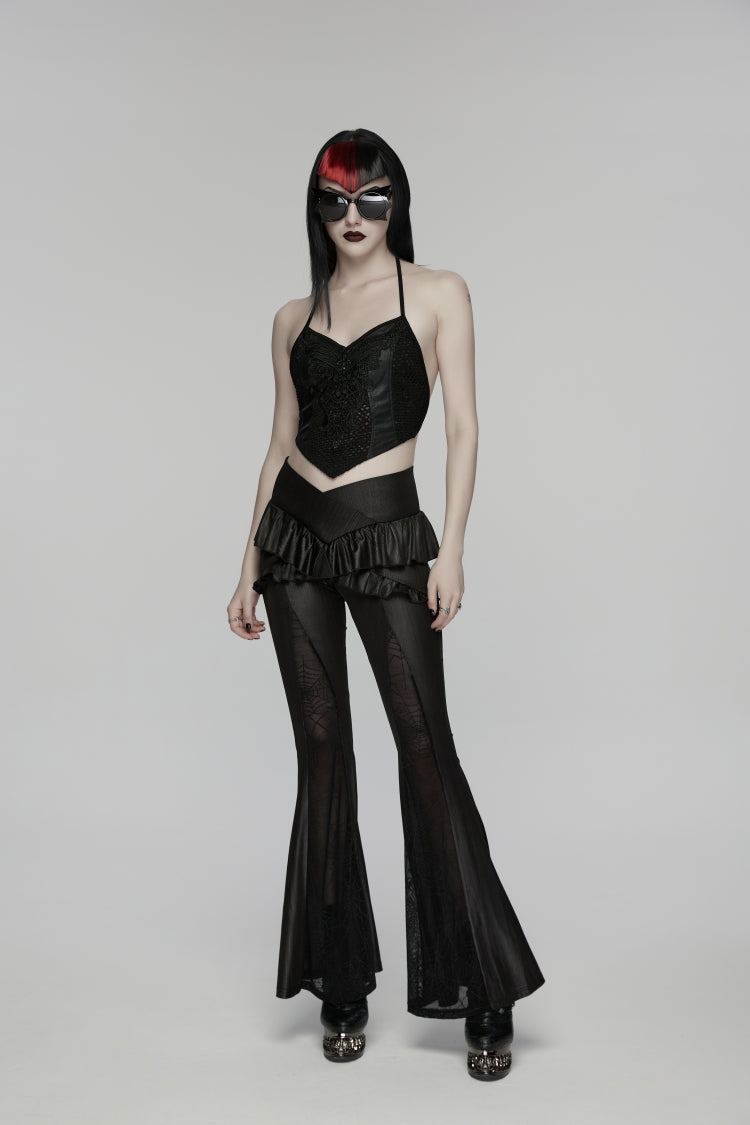 Black Ruffled Women's GothicRuffled Cobweb Pattern Flared Pants - Product - 8