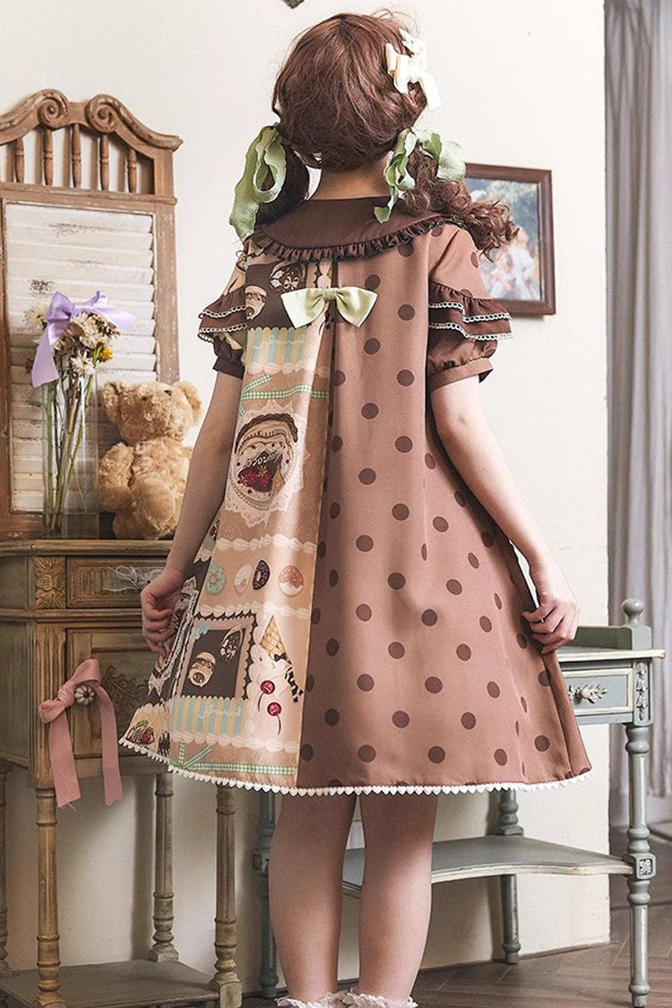 Cake Chocolate Dessert Print Short Sleeves Ruffle Bowknot Sweet Lolita Dress 2 Colors - Product - 9
