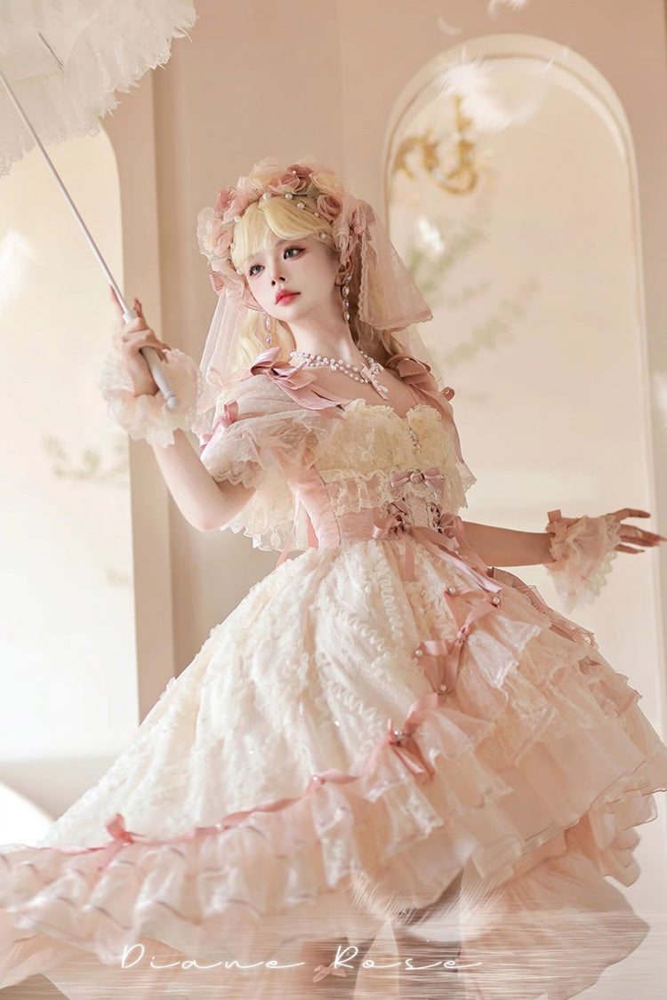 Pink [Diane Rose] Short Sleeves Multi-Layered Jacquard Ruffle Hanayome Cardigan Bowknot Lace Sweet Lolita Dress - Product - 4