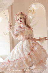Pink [Diane Rose] Short Sleeves Multi-Layered Jacquard Ruffle Hanayome Cardigan Bowknot Lace Sweet Lolita Dress - Product - 4