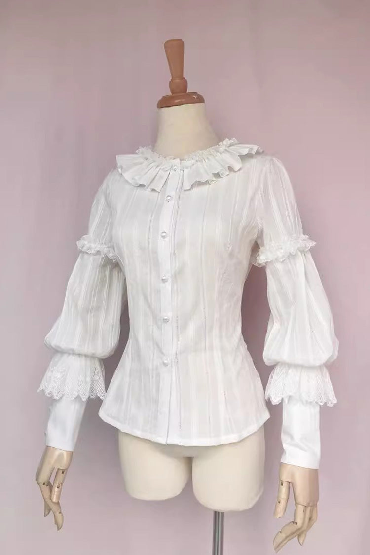 White Long Sleeves Jacquard Ruffle Sweet Lolita Blouse - Product - 2