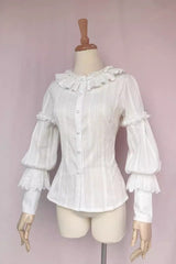 White Long Sleeves Jacquard Ruffle Sweet Lolita Blouse - Product - 2