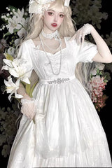 White Square Collar Short Sleeves Subtle Rose Printed Embroidered Bow Sweet Elegant Lolita Dress - Product - 3