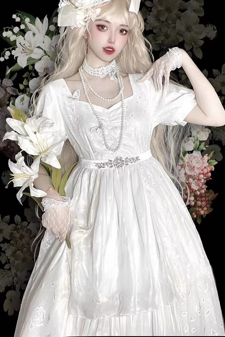 White Square Collar Short Sleeves Subtle Rose Printed Embroidered Bow Sweet Elegant Lolita Dress - Product - 3