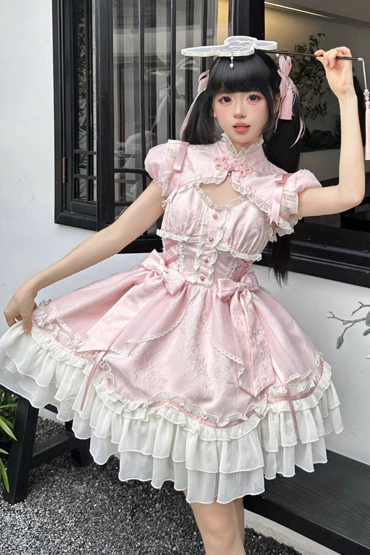 Pink [Spring Flower Notes] Ruffle Bowknot Lace Sweet Princess Lolita Jsk Dress - Product - 6